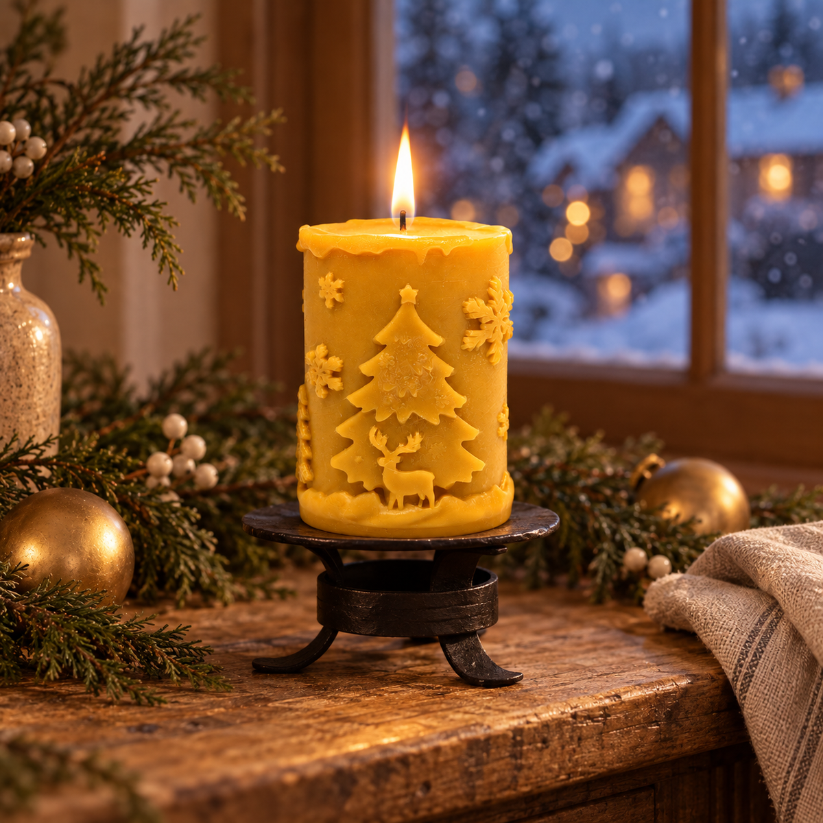 Lit raw beeswax Christmas pillar candle on a black iron pillar base beside a snowy window and evergreen decorations.