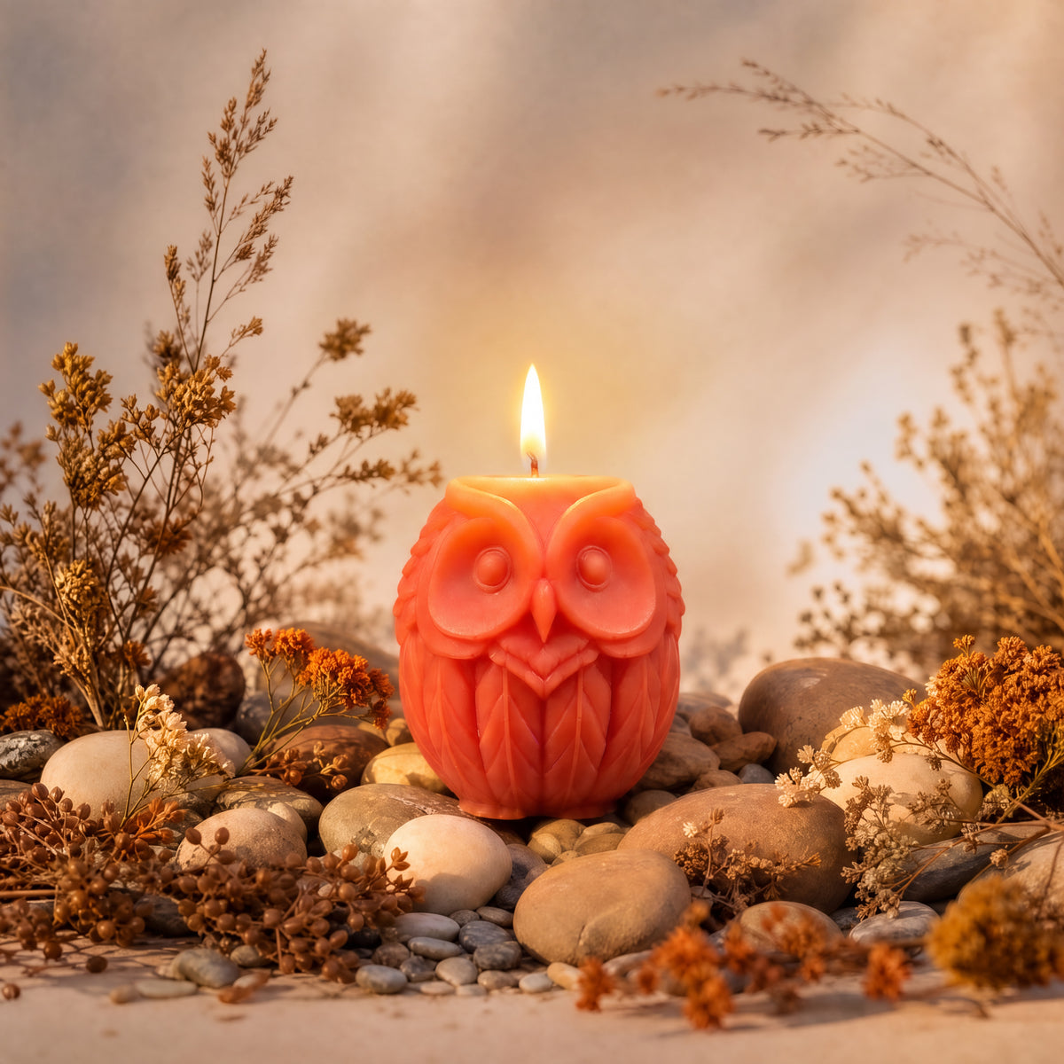 Lit terracotta owl candle made of pure beeswax, on a bed of smooth stones and dried flowers against a warm beige background.