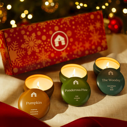 Holiday Scented Candle Gift Box - Three 8oz Aromática Candle Tins - Pumpkin, Pine & Woodsy