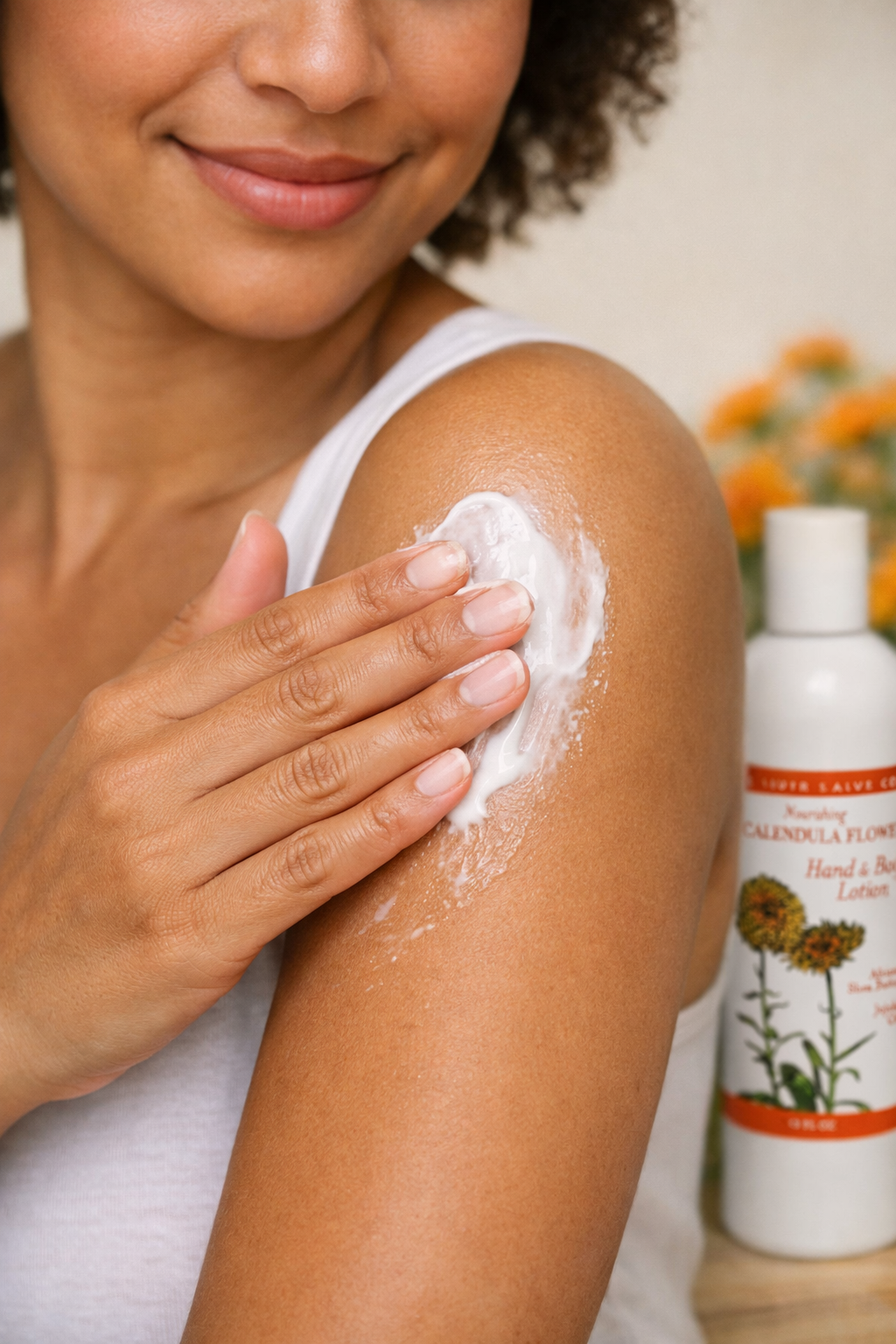 Woman applying cream to her arm with a bottle of cream in the background