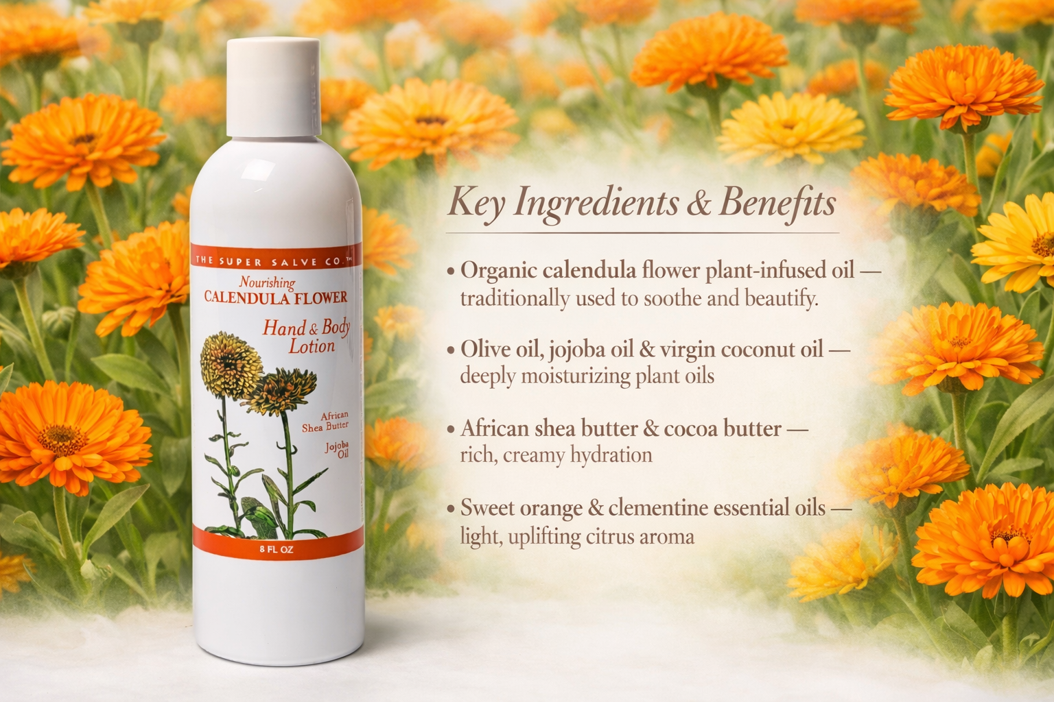 Hand and body lotion bottle with calendula flowers in the background