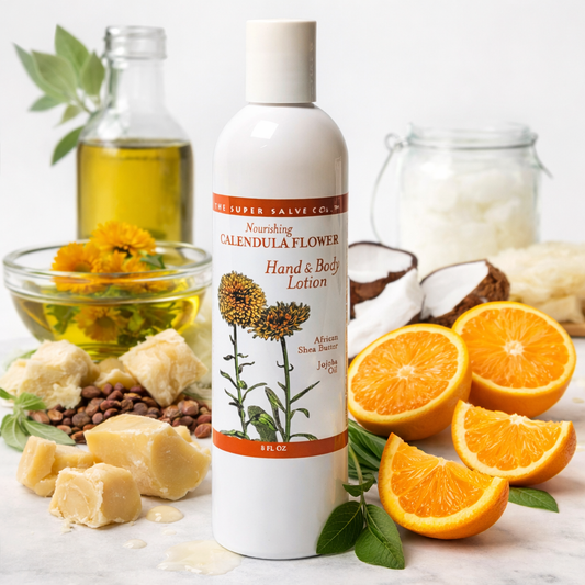 Hand and body lotion bottle with calendula flowers, oranges, and other natural ingredients on a white background