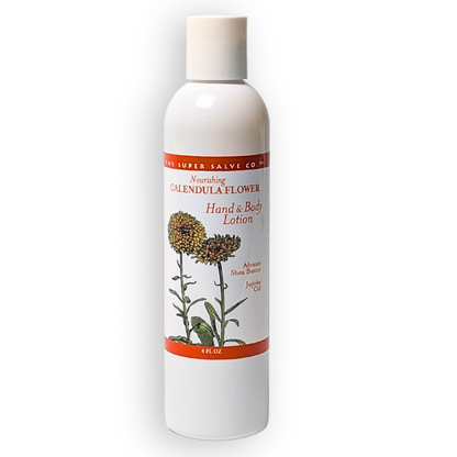 Hand and body lotion bottle with calendula flower design on a white background