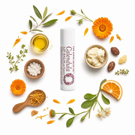 Lip balm with calendula flowers and natural ingredients on a white background