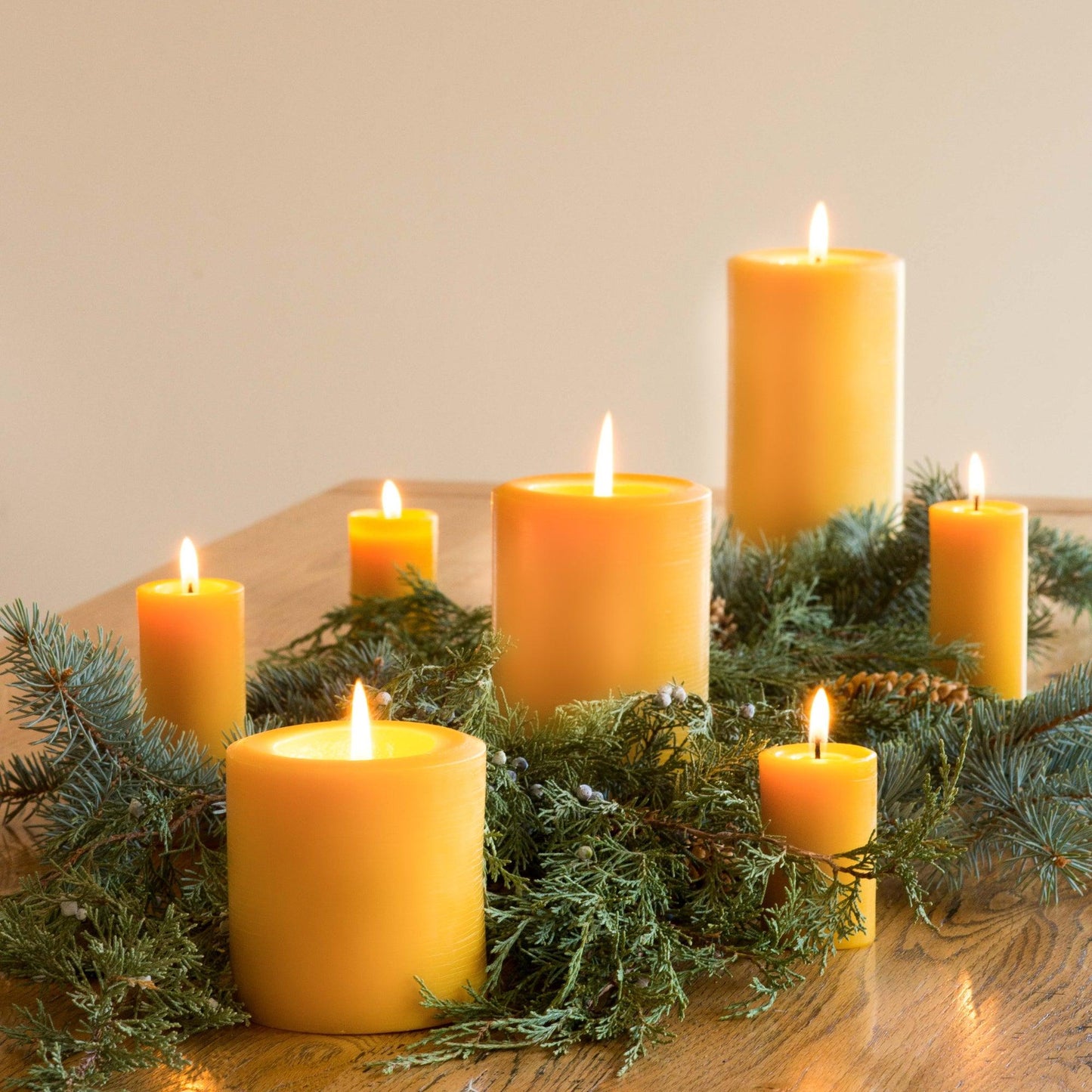 Holiday Glow Trio - Raw Beeswax Pillar Candles - Bluecorn Candles