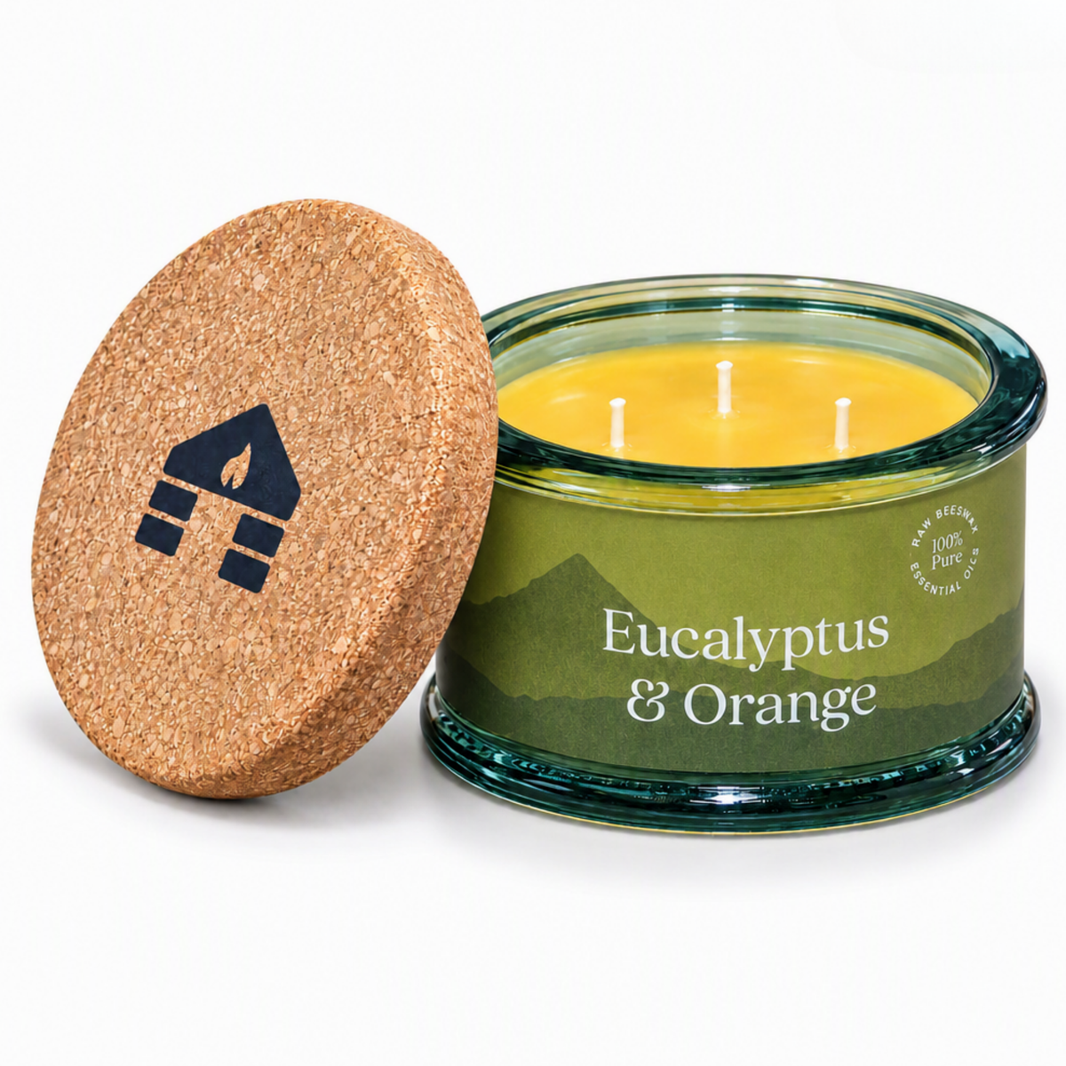 a three wick beeswax candle scented with eucalyptus and orange essential oils in aqua glass jar with cork lid by bluecorn candles