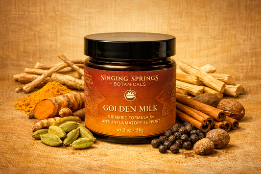 Jar of Singing Springs Botanicals Golden Milk with turmeric, cinnamon, and other spices on a rustic background