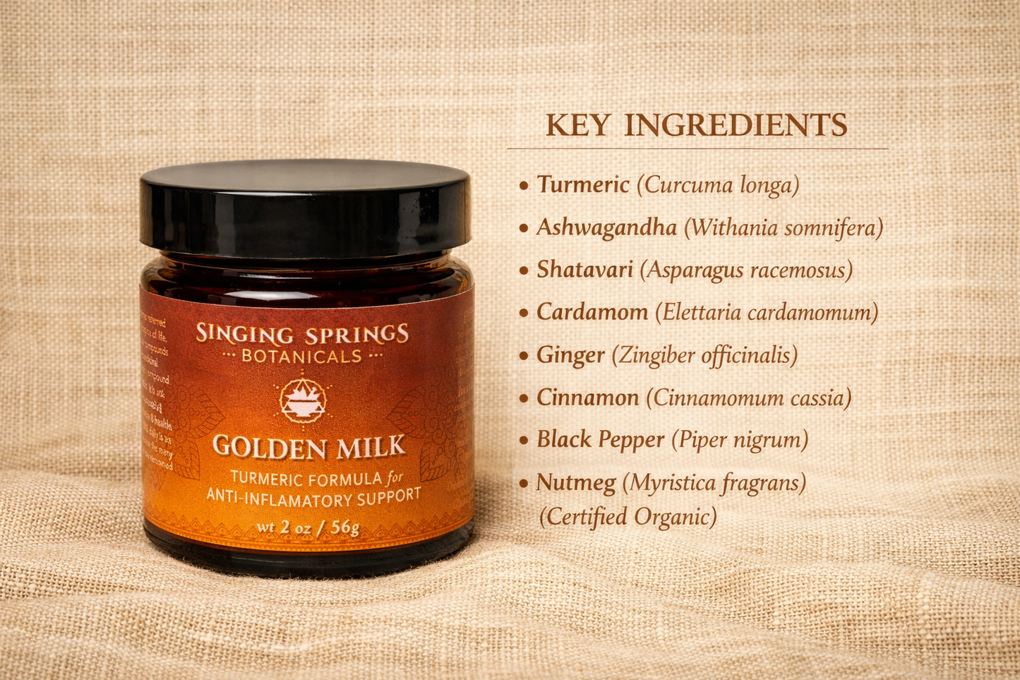 Jar of Singing Springs Botanicals Golden Milk with key ingredients listed on a textured beige background