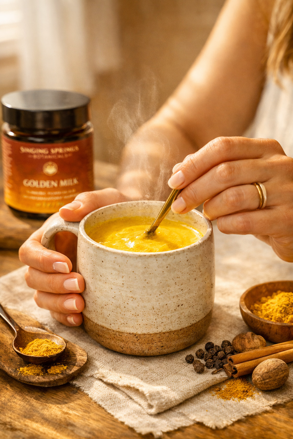 Person stirring a cup of golden milk with a jar of Singing Spring Golden Milk in the background.