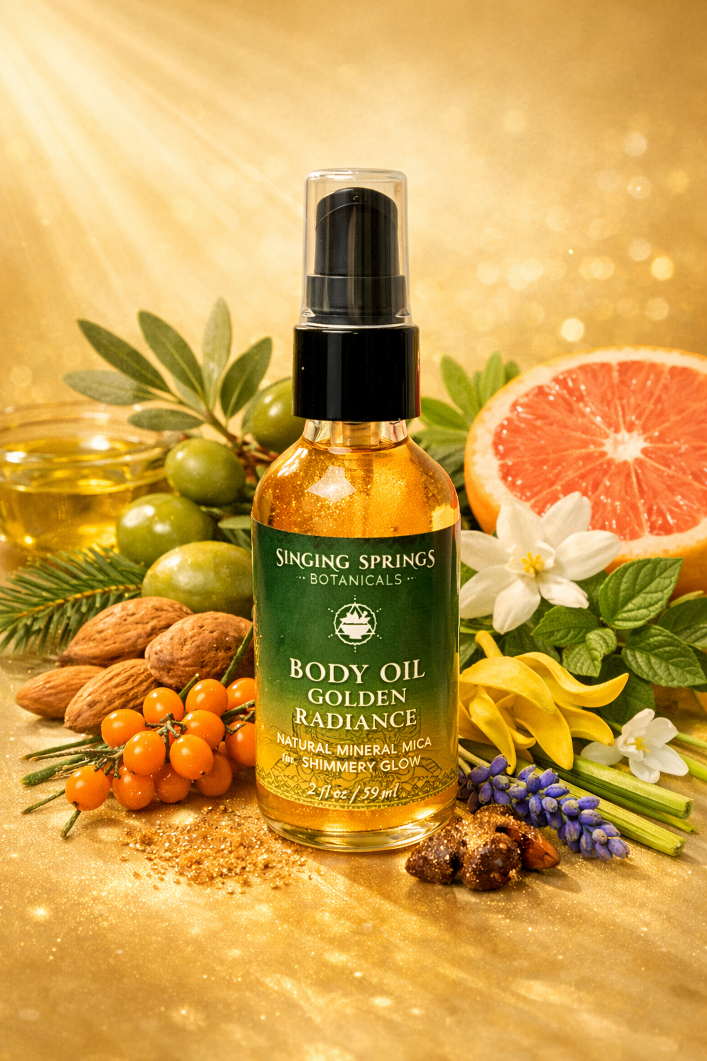 Body oil bottle labeled 'Singing Springs Botanicals' surrounded by natural elements on a gold background