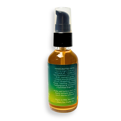 Bottle of handcrafted skincare product with a green label on a white background