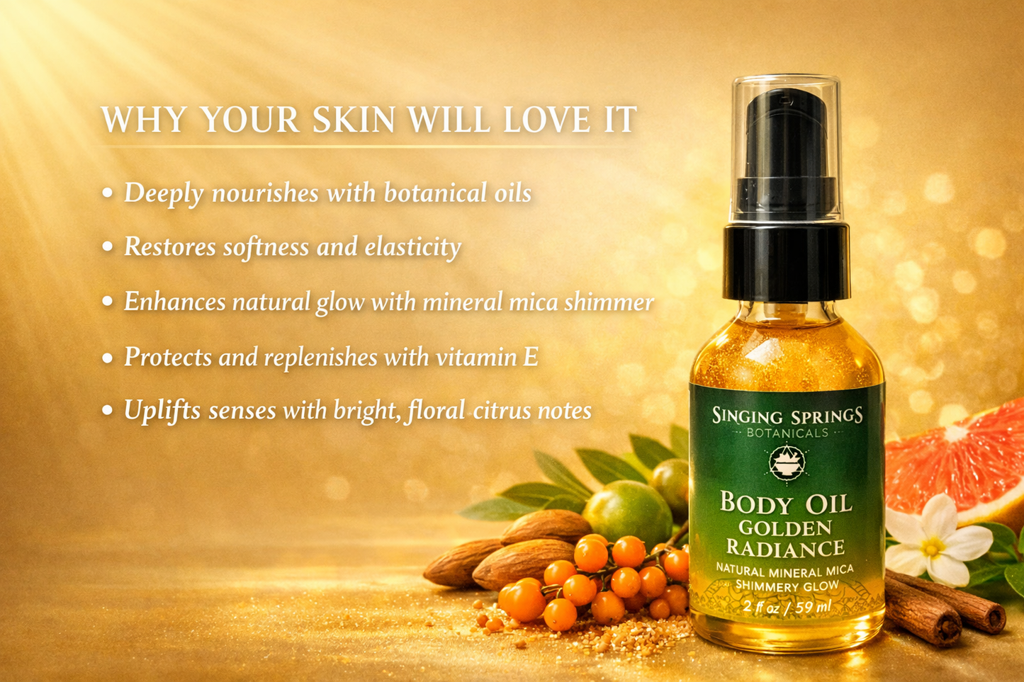 Singing Springs Botanicals body oil bottle with botanical elements on a warm background