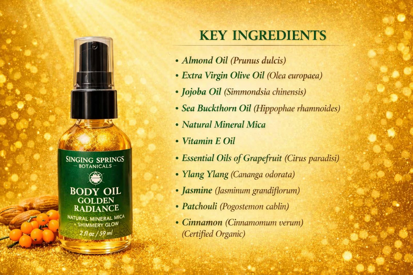 Singing Springs Botanicals body oil bottle with key ingredients listed on a gold background