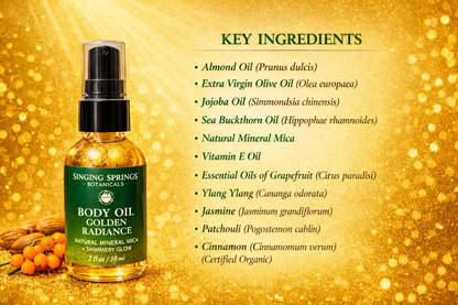 Singing Springs Botanicals body oil bottle with key ingredients listed on a gold background