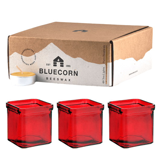 Beeswax Tea Lights & Red Glass Lanterns - Holiday Bundle - Bluecorn Candles