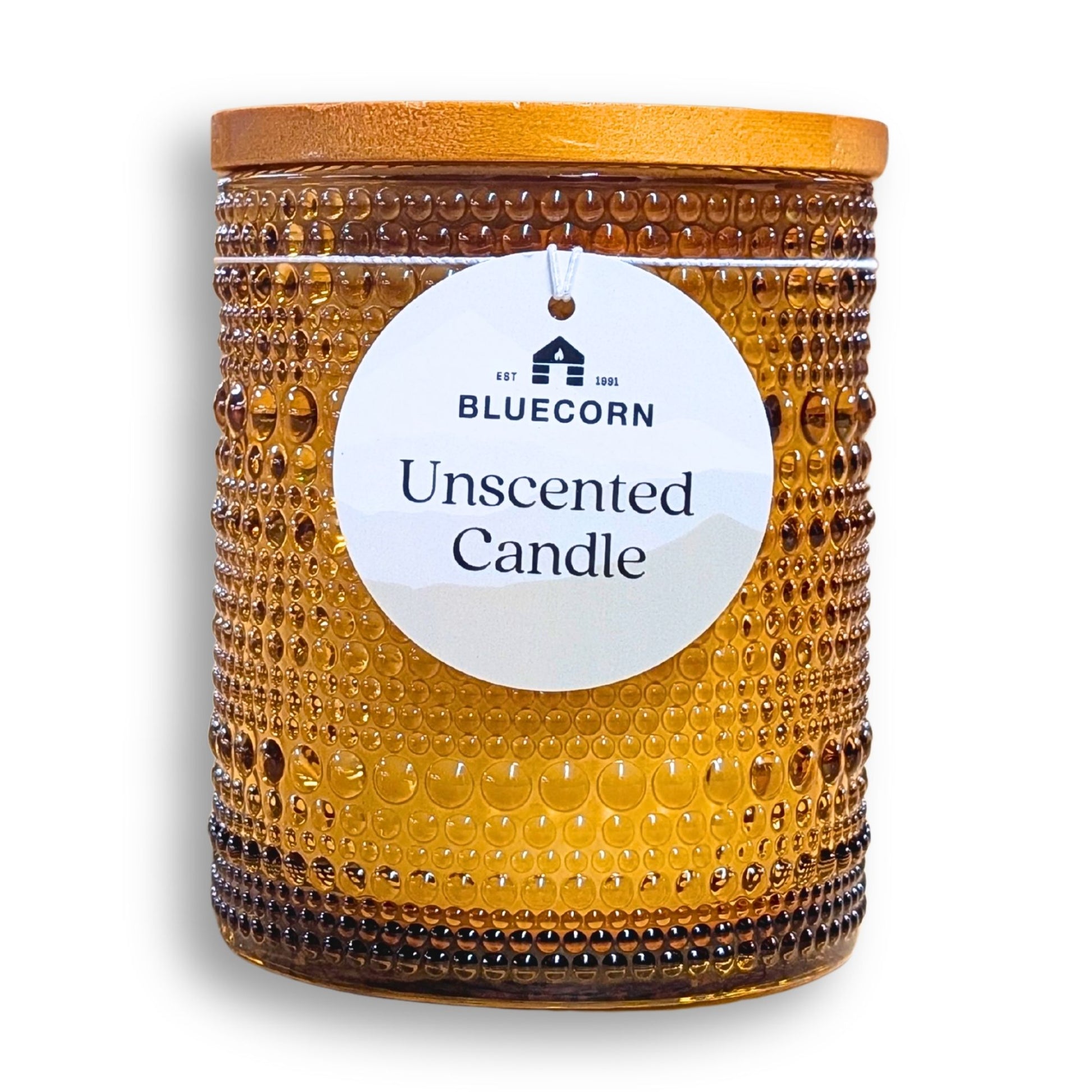 Large unscented coconut wax candle, front view, amber glass vessel