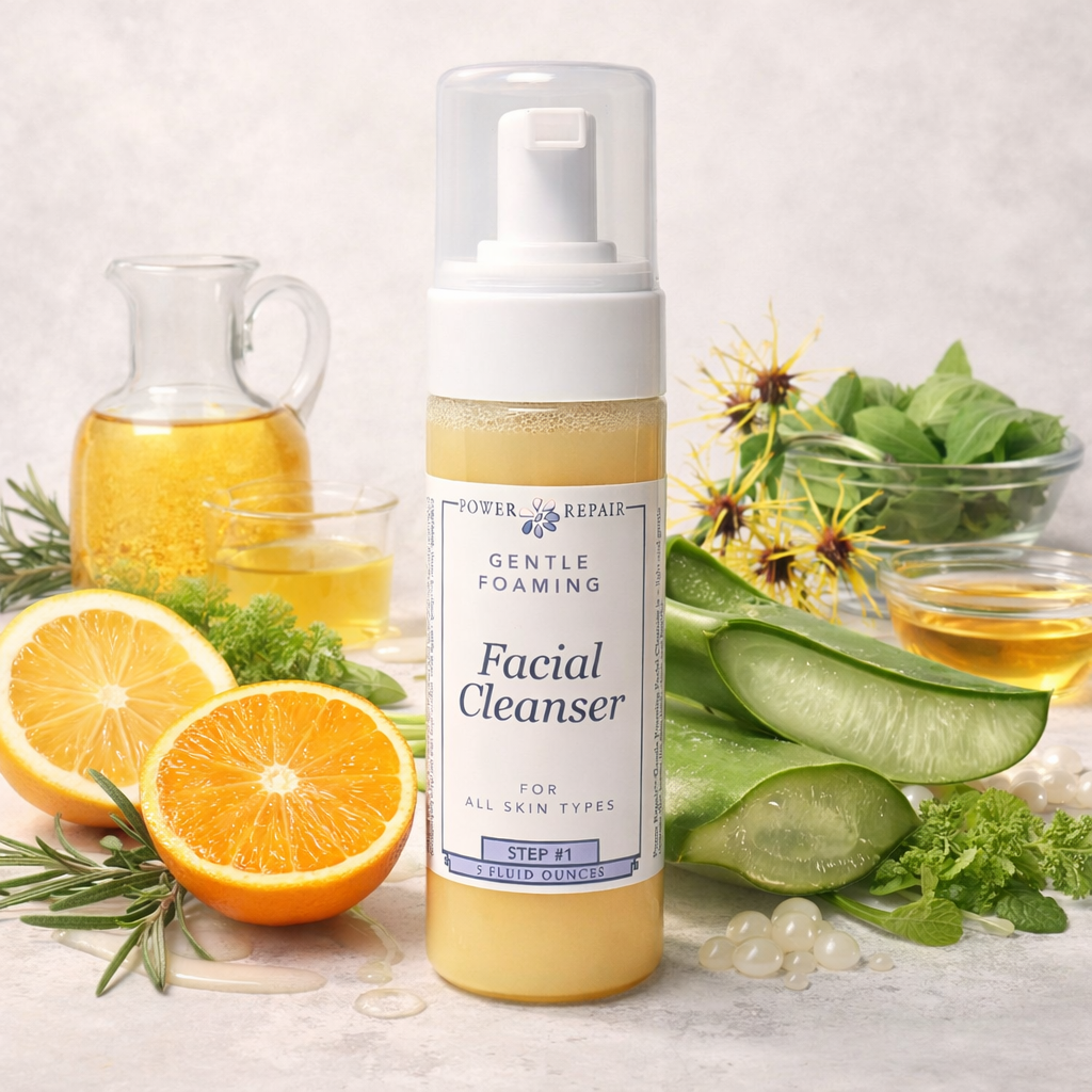 Facial cleanser bottle with natural ingredients like oranges, cucumbers, and herbs on a light background