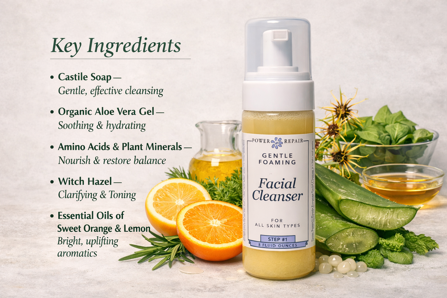 Facial cleanser bottle with key ingredients listed on a light background