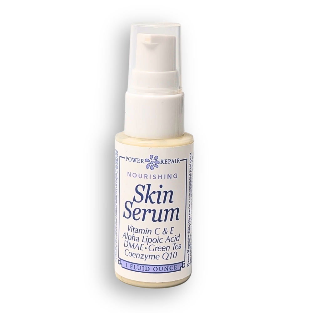 Skin serum bottle with label on a white background