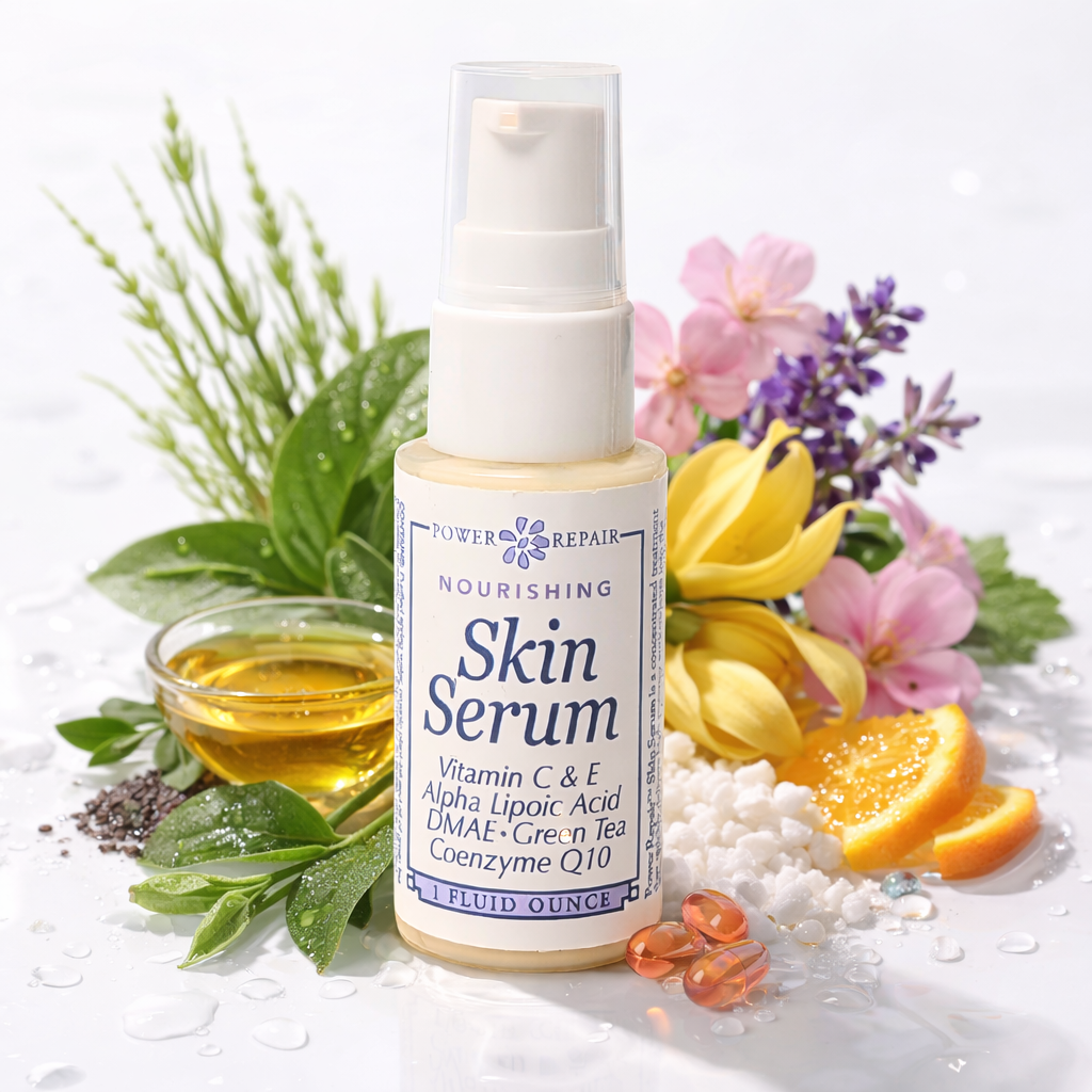 Skin serum bottle with ingredients and flowers on a white background