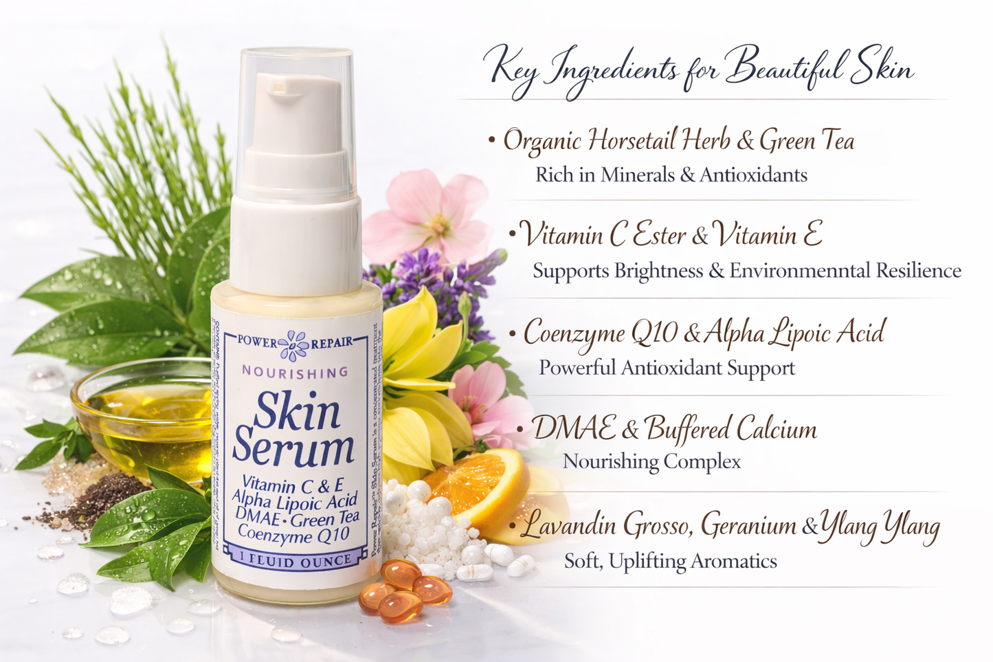 Skin serum bottle with natural ingredients and benefits listed on a white background