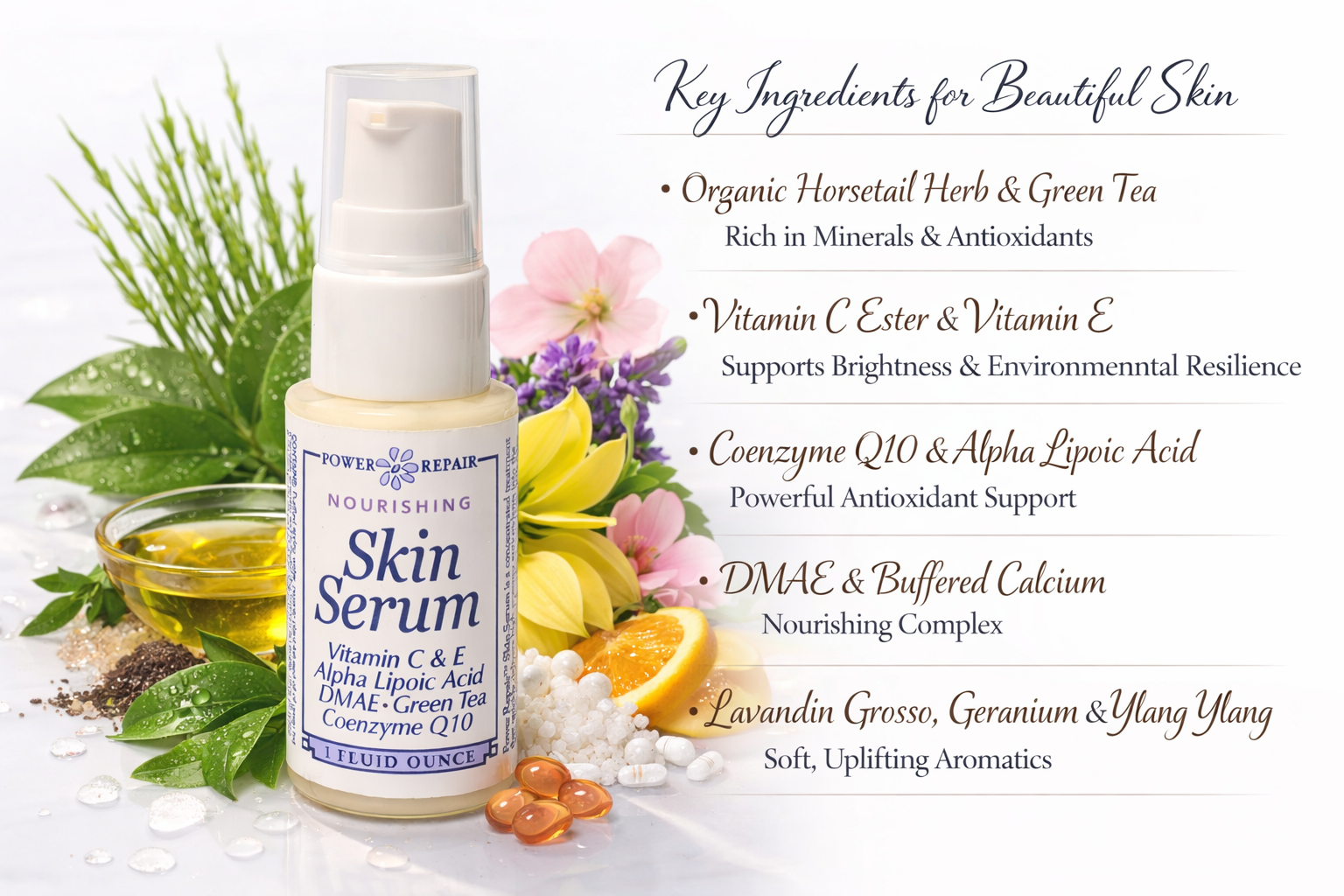 Skin serum bottle with natural ingredients and benefits listed on a white background