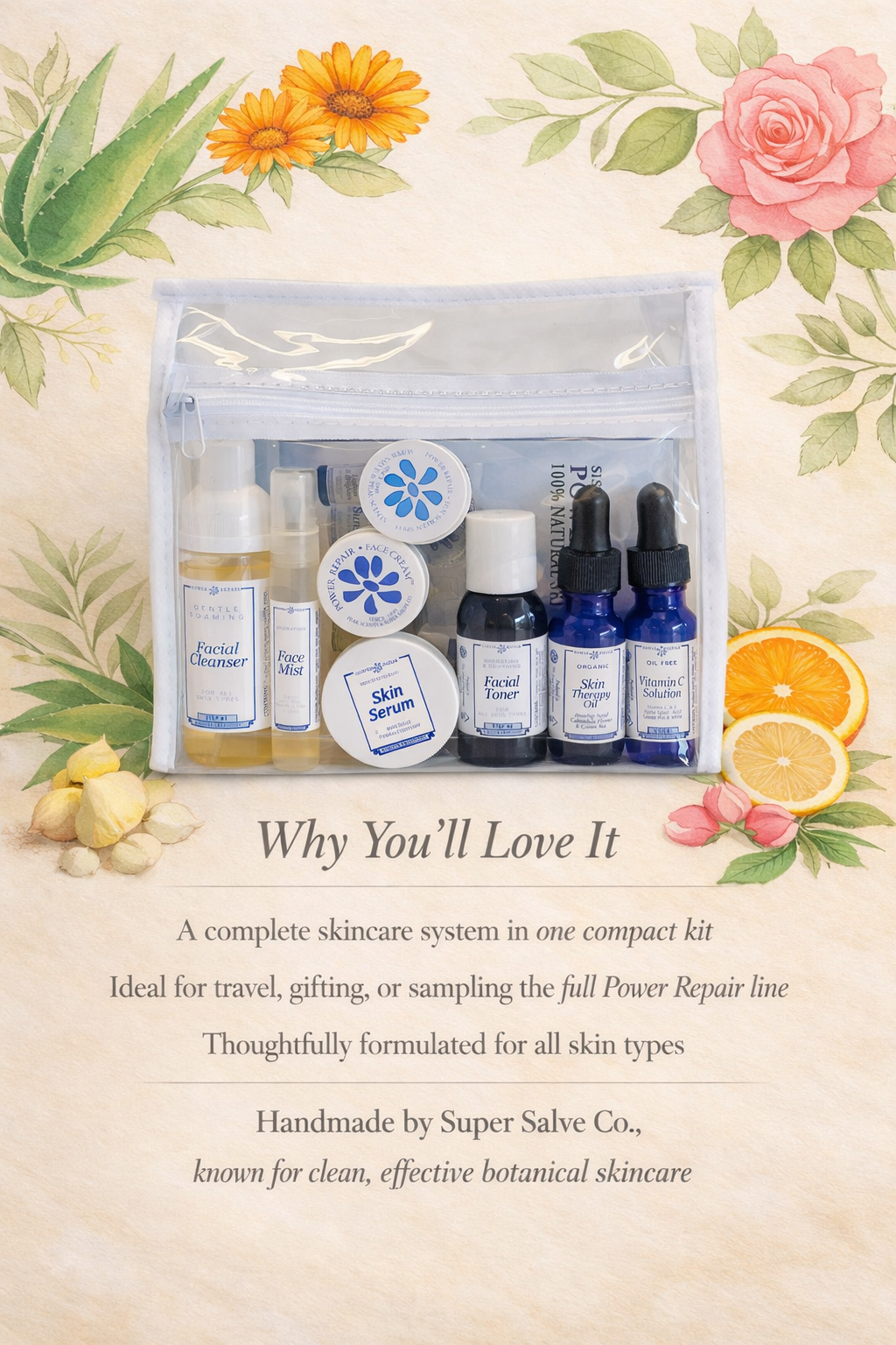 Skincare product set in a compact pouch with decorative elements on a floral background