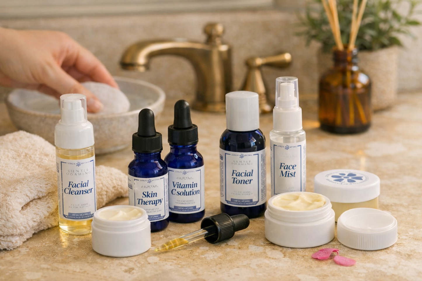 Skincare product set in a compact pouch with decorative elements on a bathroom background