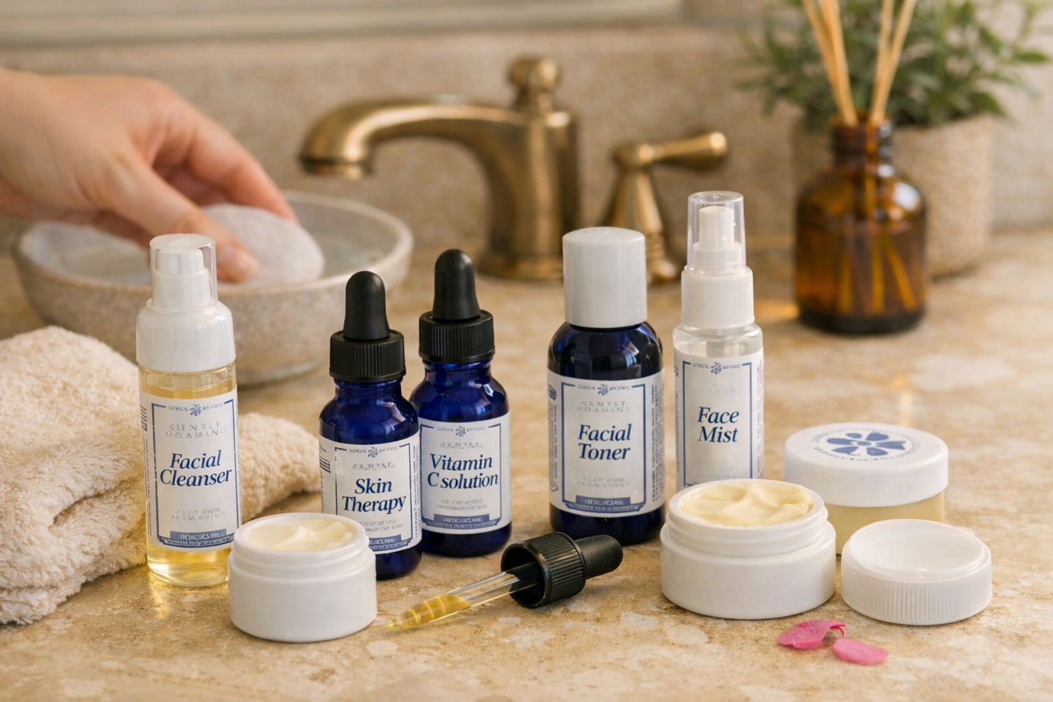 Skincare product set in a compact pouch with decorative elements on a bathroom background