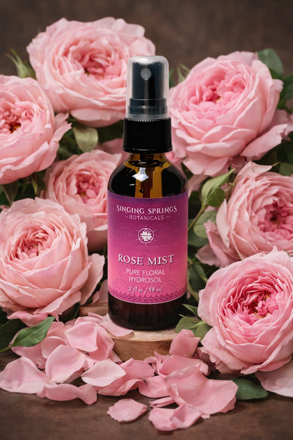 Bottle of Singing Springs Rose Mist surrounded by pink roses on a brown background
