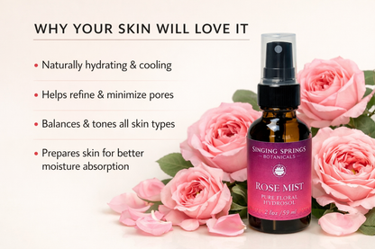 Rose mist bottle with pink roses and text about skincare benefits on a white background