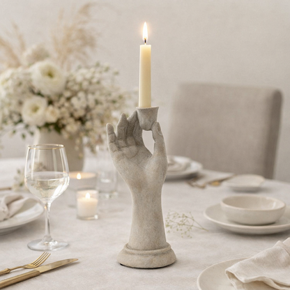 Decorative hand-shaped candle holder on a table setting with candles and flowers.