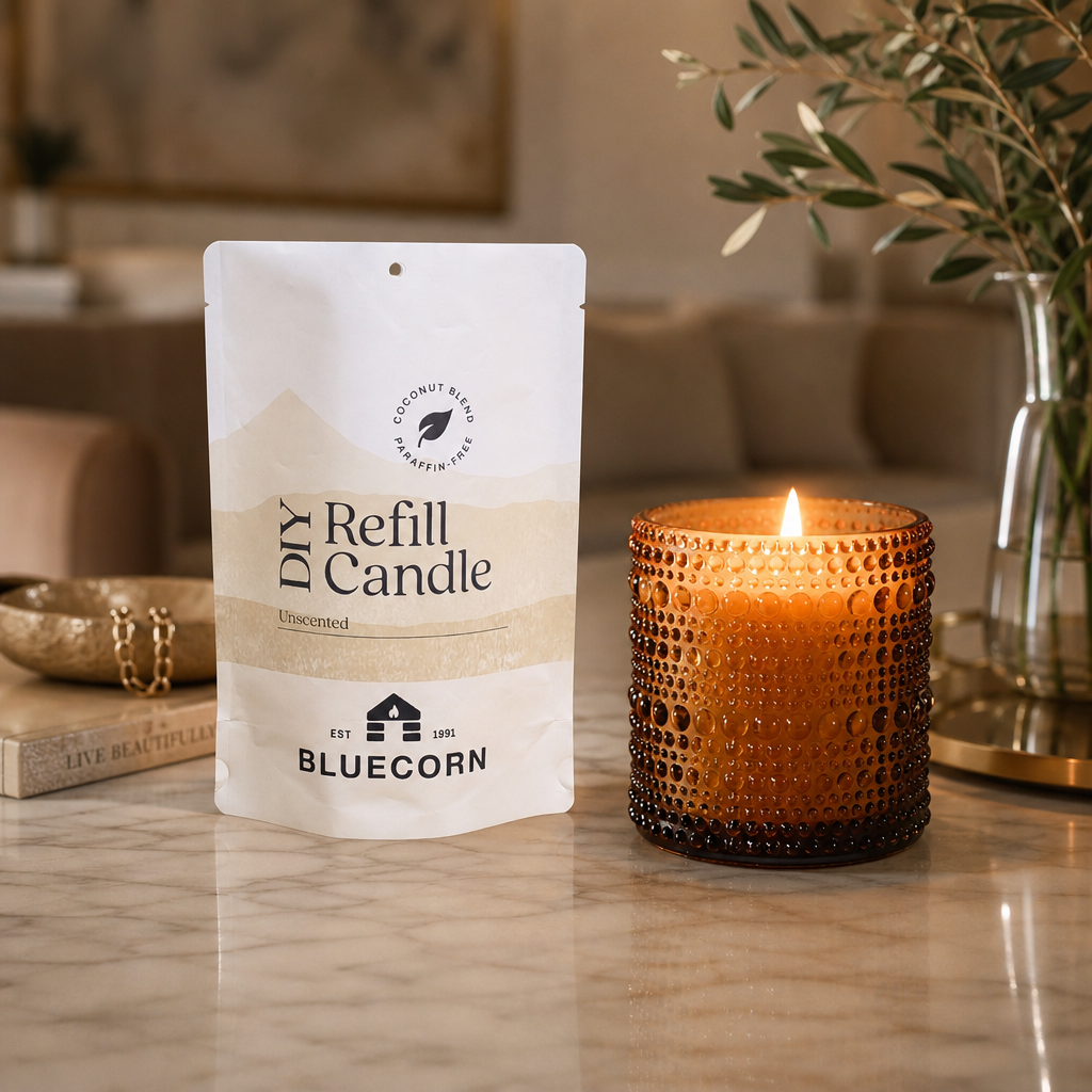 bluecorn unscented coconut wax refill candle kit next to burning candle