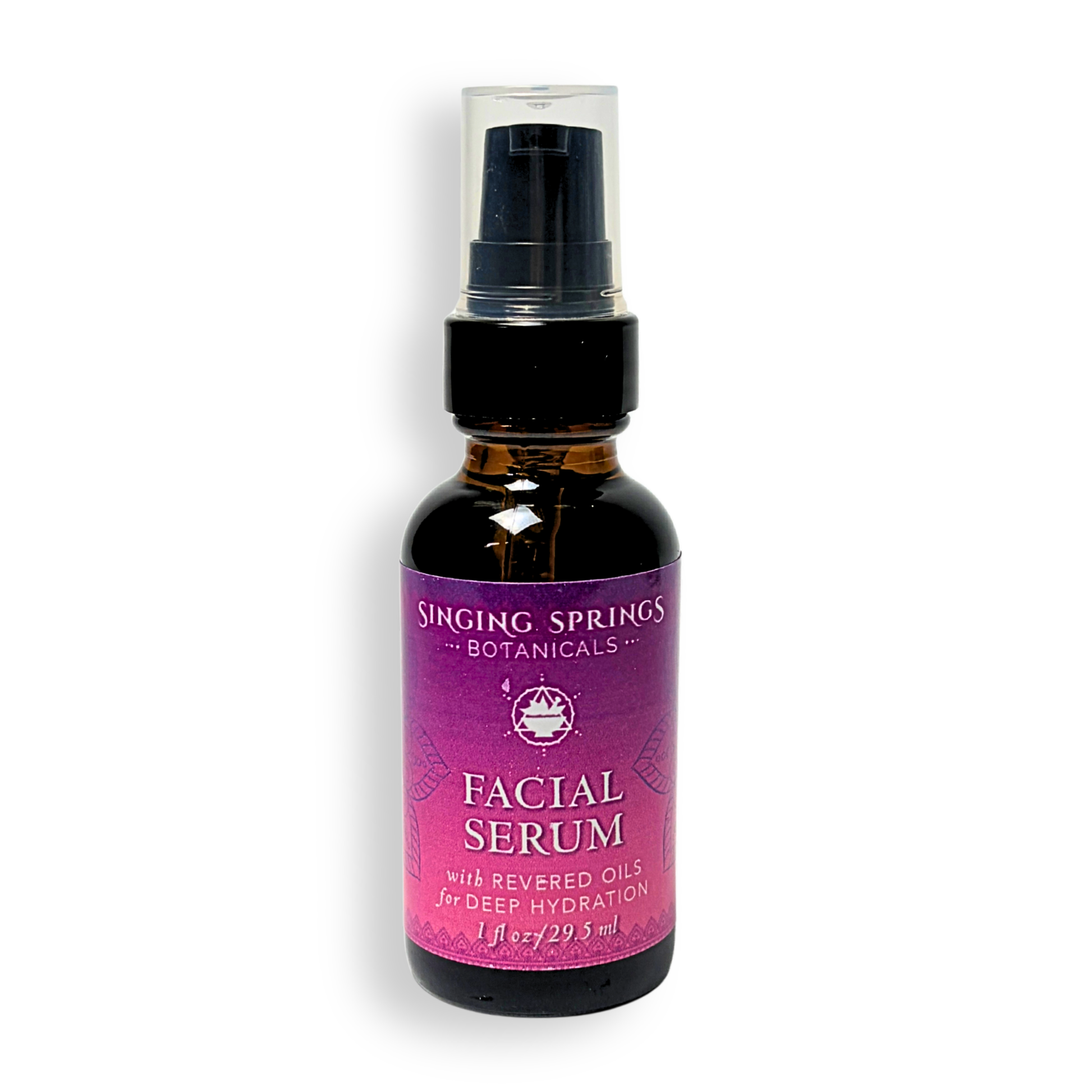 Facial serum bottle with purple label on a white background