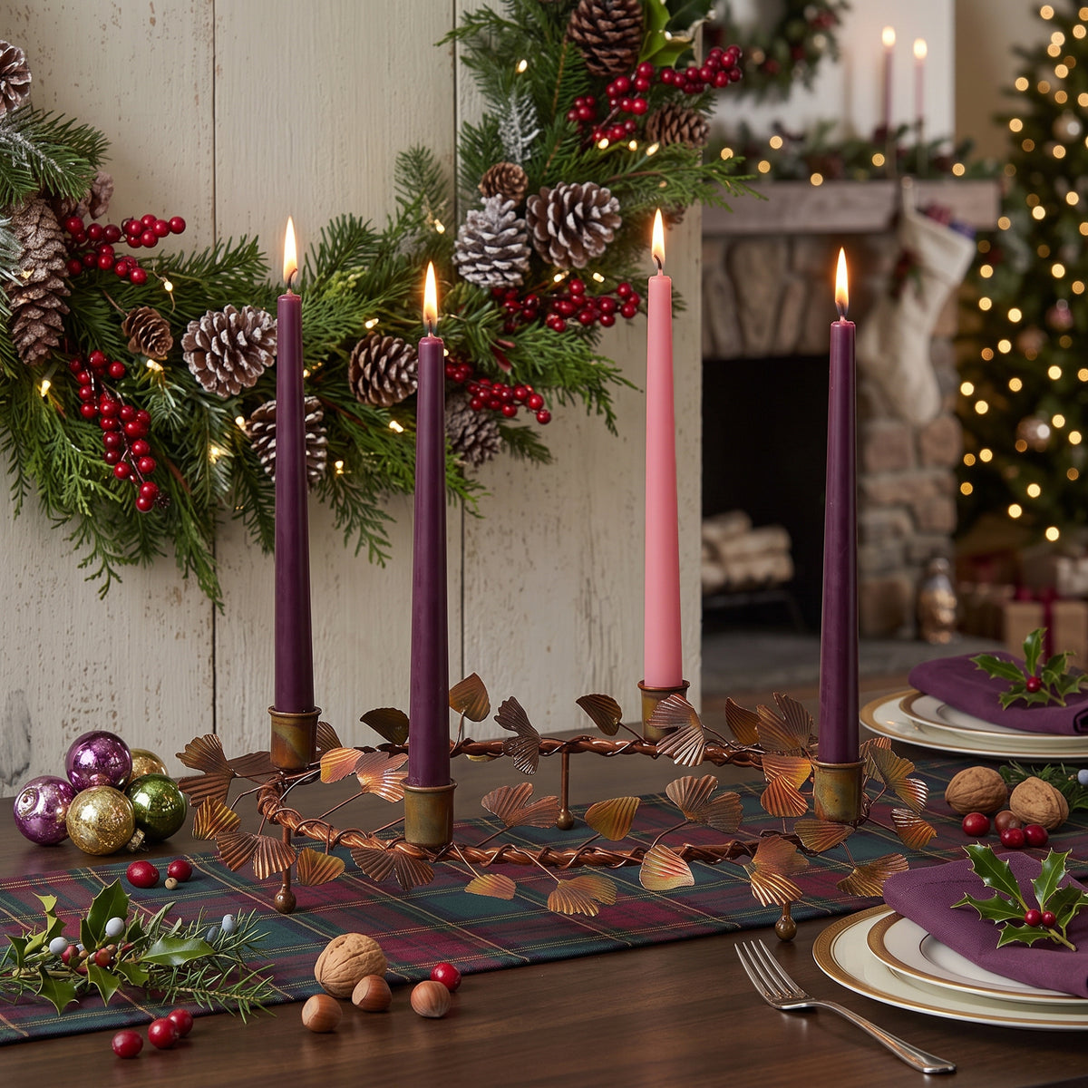 Advent Wreath Taper Candle Holder with Ginkgo Leaf Design