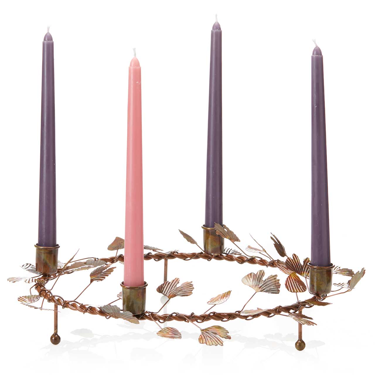 Ginkgo leaf Advent wreath made from recycled iron, shown on white with taper candles in the holders.