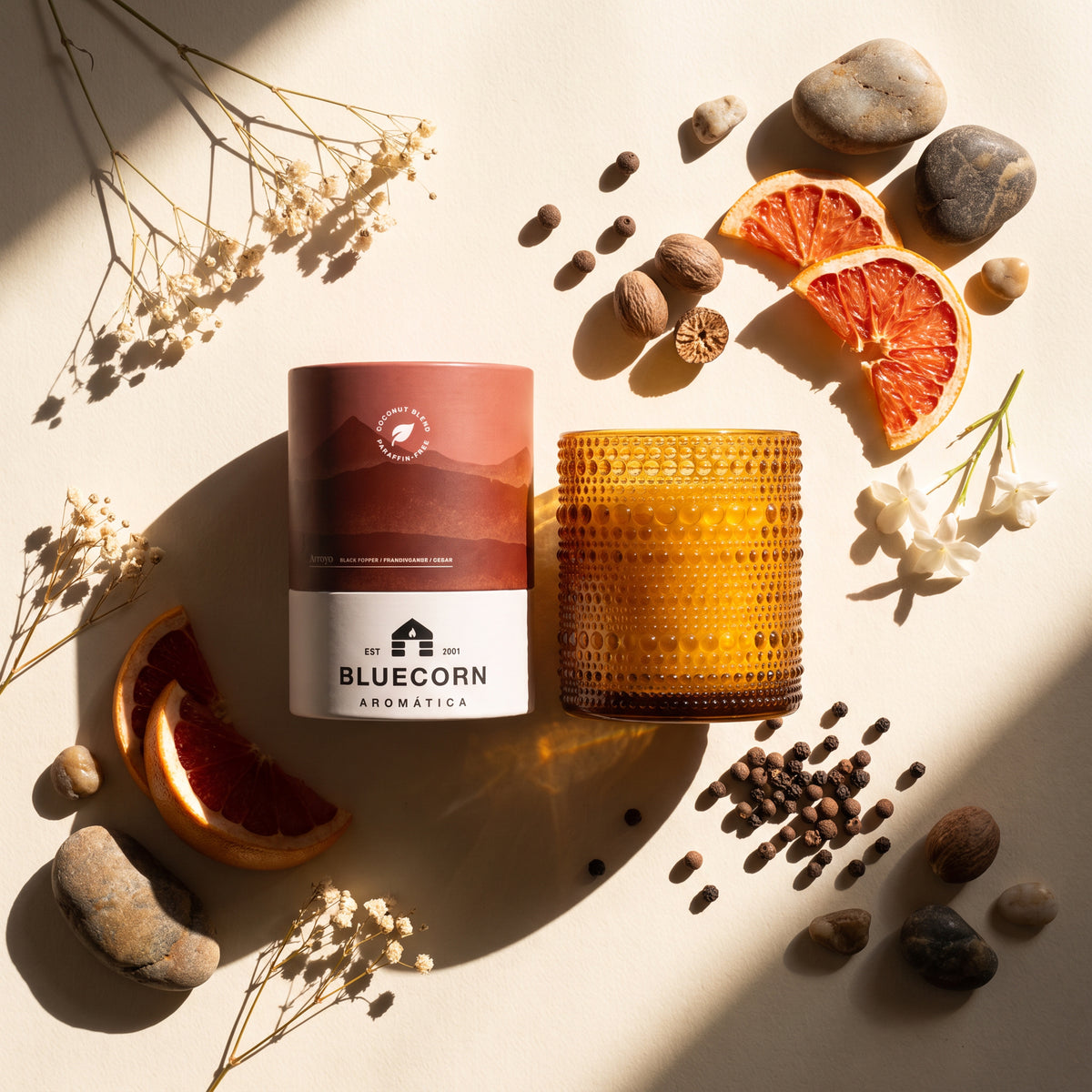 amber and musk scented candle fro bluecorn arroyo contains black pepper and cardamom and surrounded by those scent elements in this flat lay