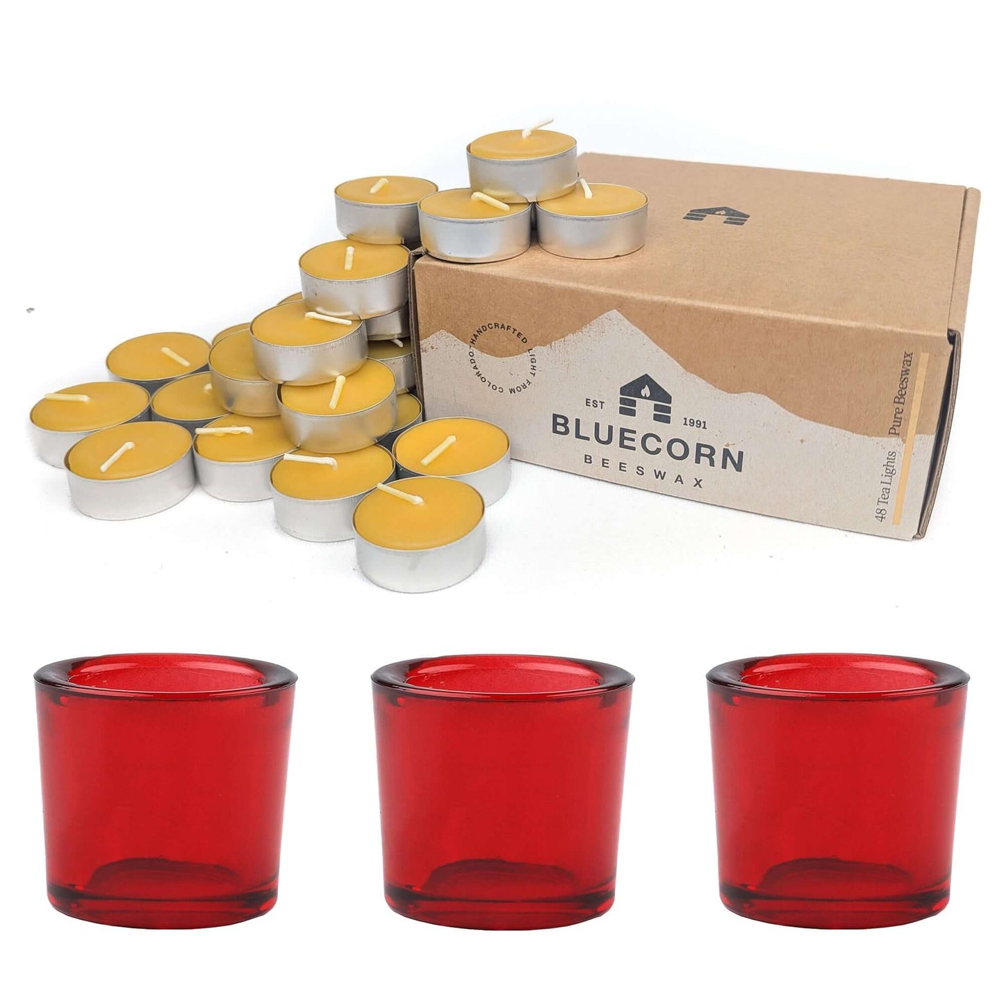 Beeswax Tea Lights & Red Glass Lanterns Bundle