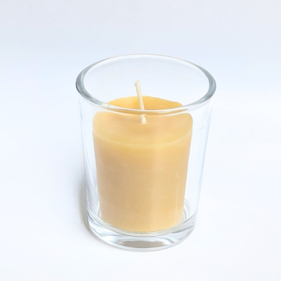 bluecorn beeswax votive candle in glass votive holder
