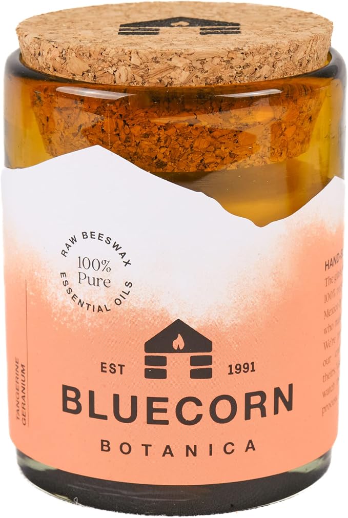 bluecorn beeswax candles scented with tangerine and geranium essential oil