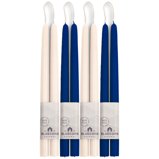 white beeswax taper candles, two pairs, blue taper candles, two pairs, bluecorn candles winter holiday taper candle bundle
