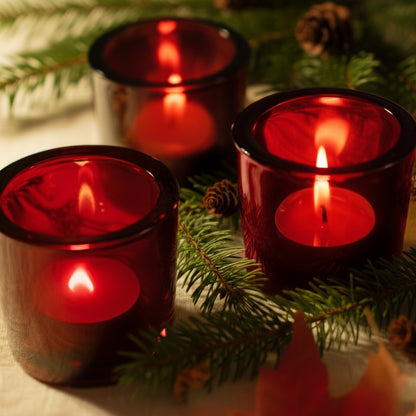 Beeswax Tea Lights & Red Glass Lanterns - Holiday Bundle