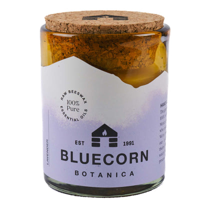 lavender scented candle made with beeswax and pure essential oils poured into blown glass for bluecorn candles