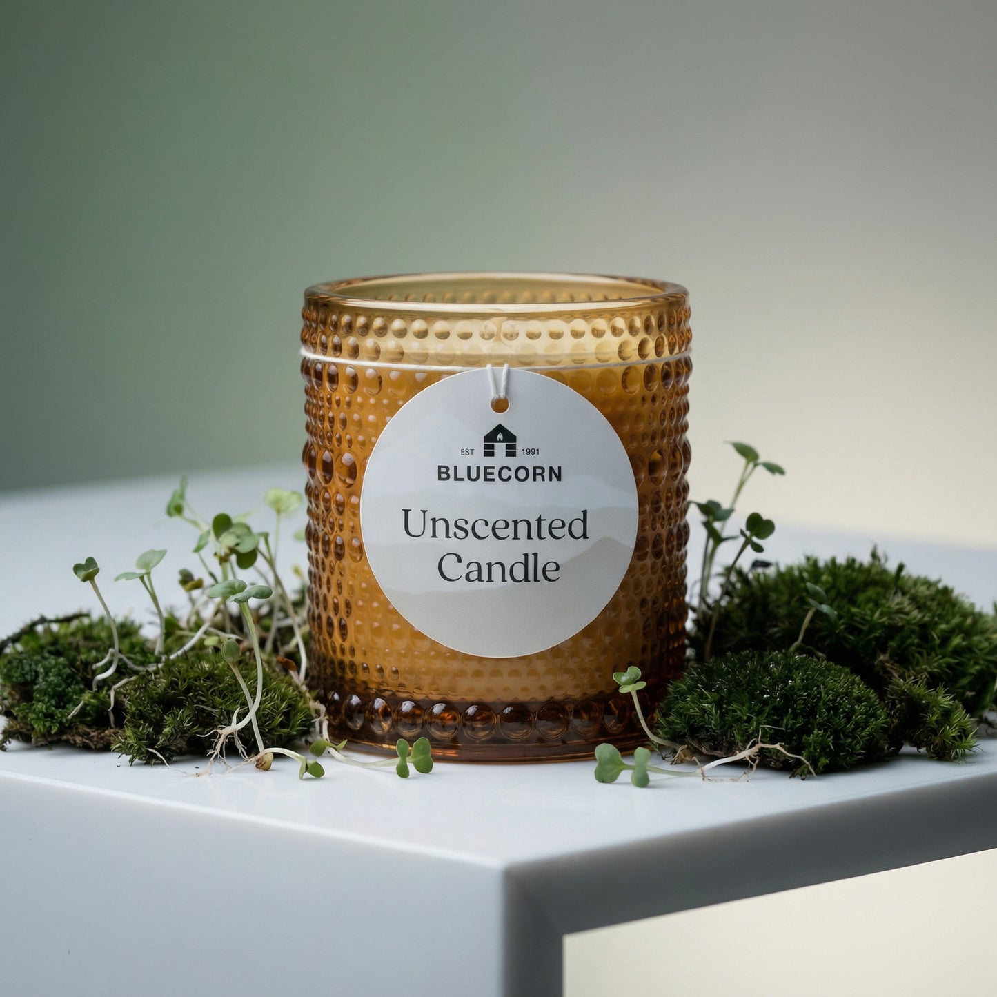 Close-up of lit unscented coconut wax candle showing clean cotton wick flame