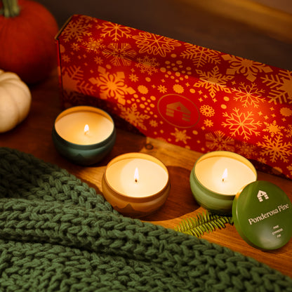 Holiday Scented Candle Gift Box - Three 8oz Aromática Candle Tins - Pumpkin, Pine & Woodsy
