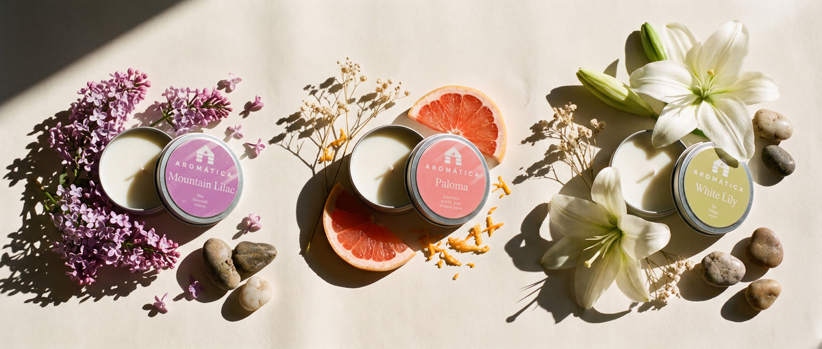 scented candle sample tins in lilac paloma grapefruit and white lily with associated flowers and citrus to illustrate scent