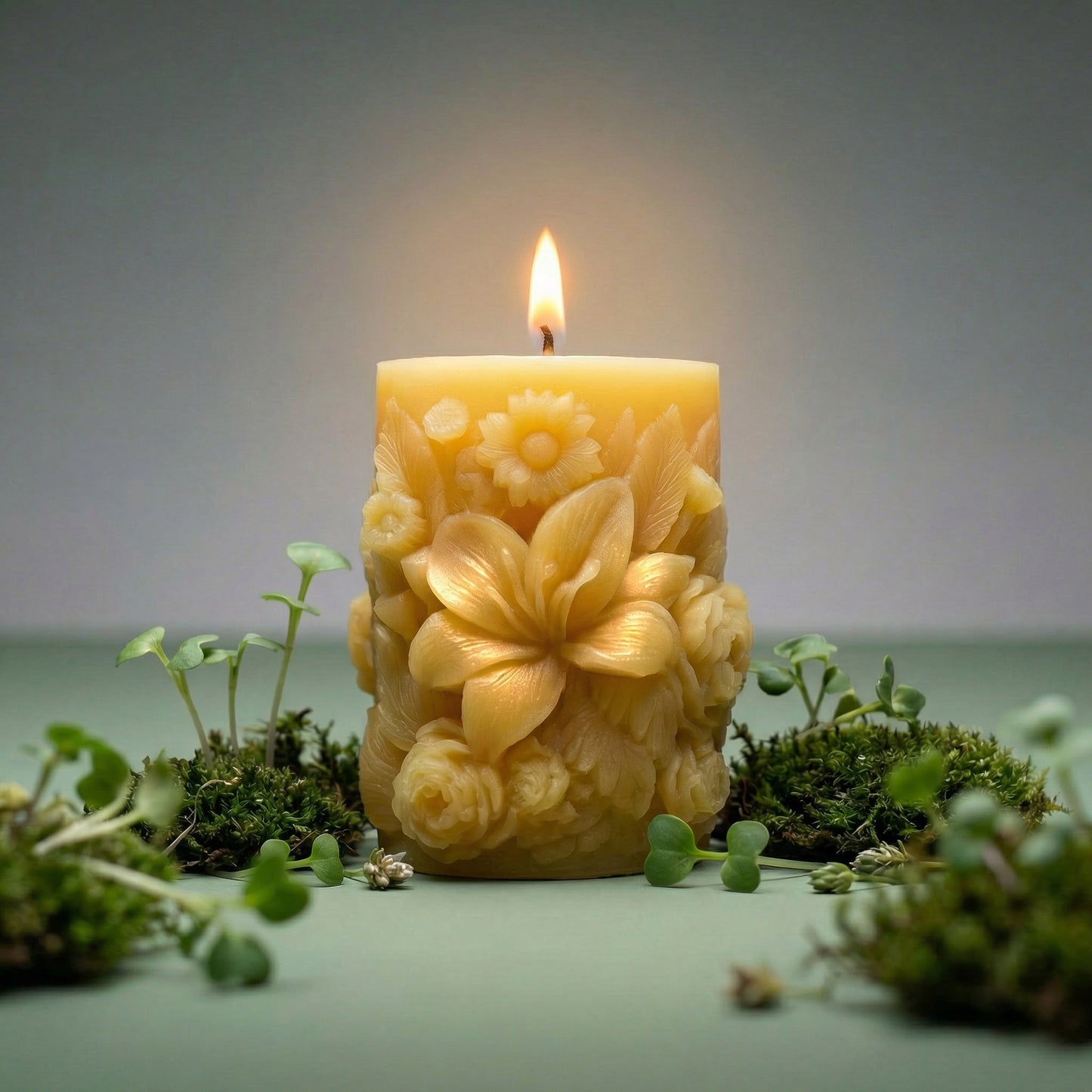 Sculpted Floral Beeswax Pillar Candle