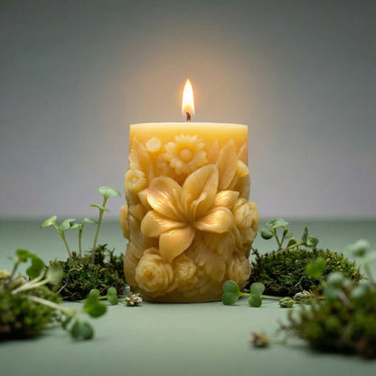 Sculpted Floral Beeswax Pillar Candle
