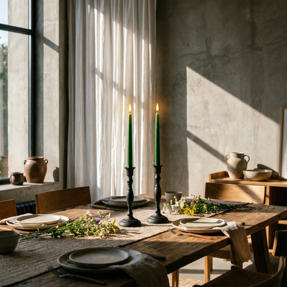 dining table set with moss green beeswax taper candles from bluecorn beeswax