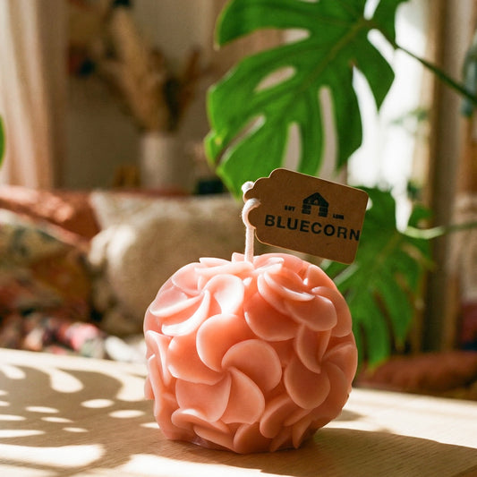 unscented beeswax candle shaped like a hydrangea